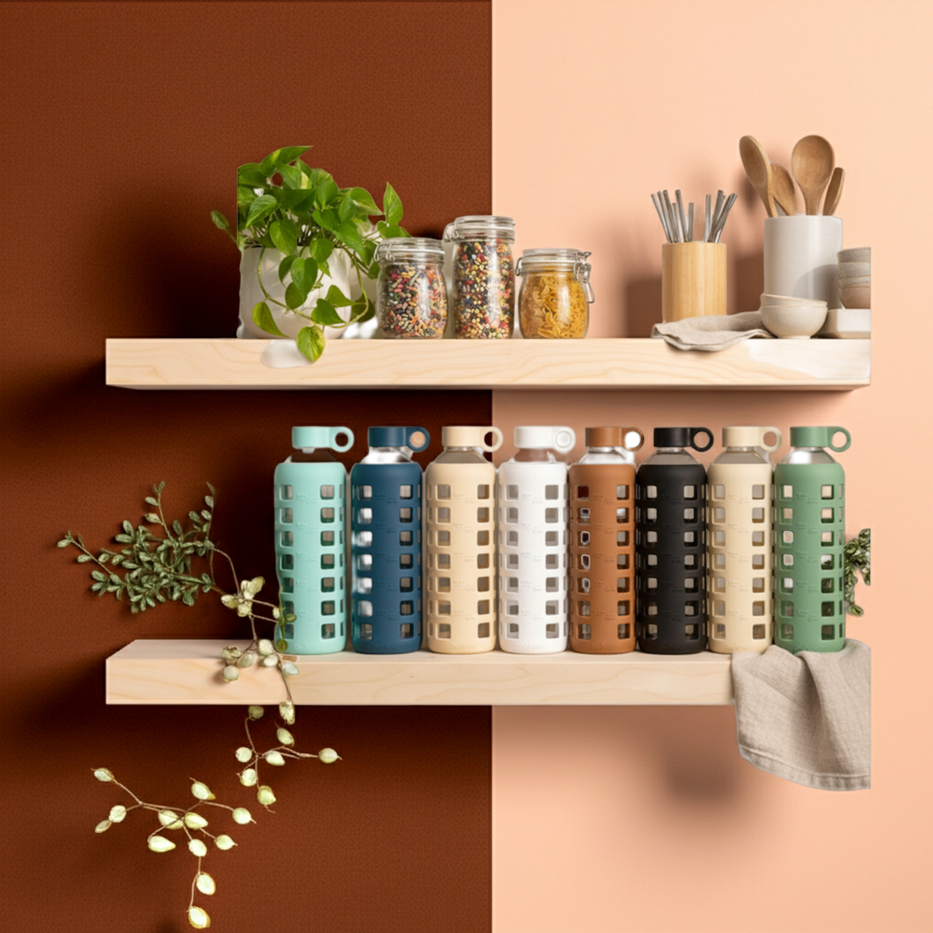 Purifyou premium glass water bottles displayed on kitchen shelf in multiple colors