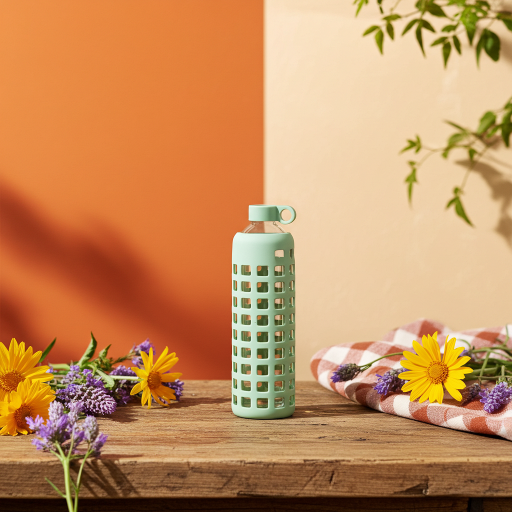 Purifyou glass water bottle lifestyle shot – BPA-free and leak-proof