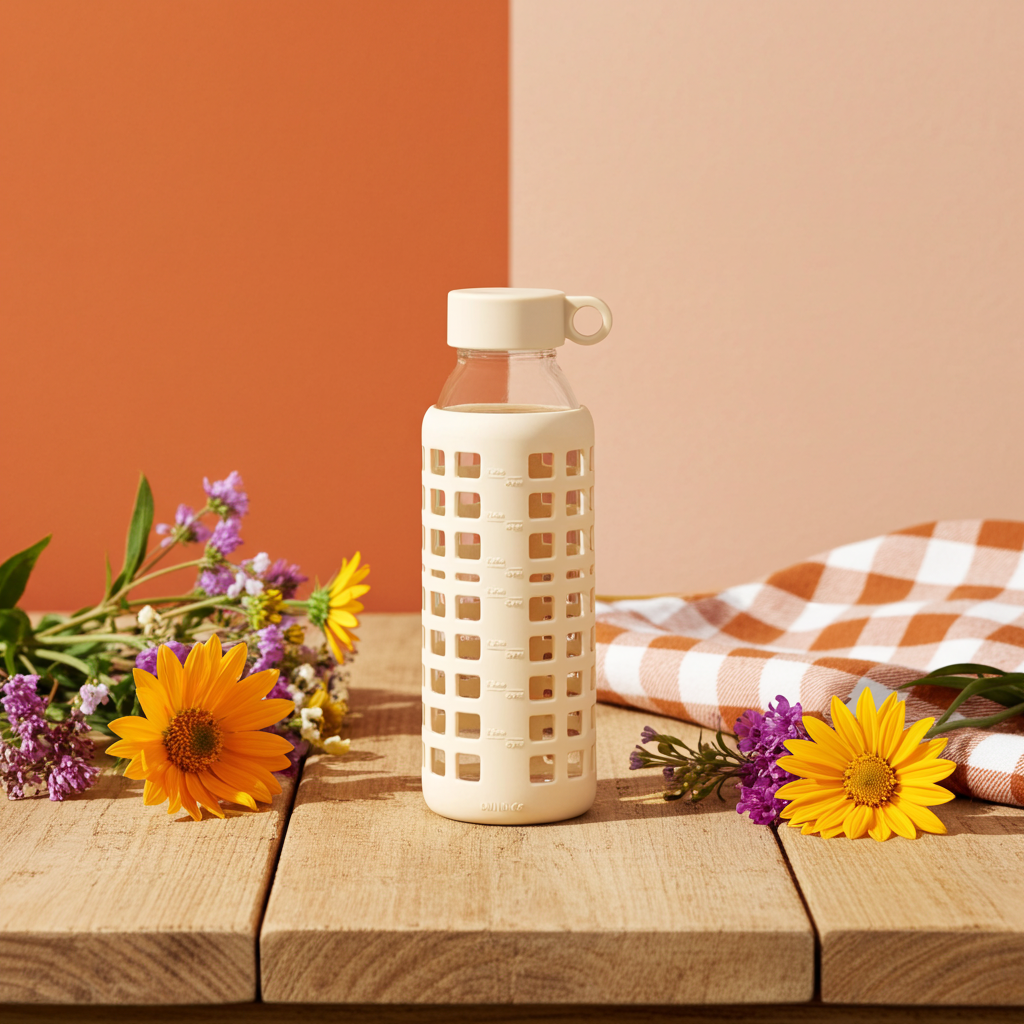 Purifyou glass water bottle lifestyle shot – BPA-free and leak-proof