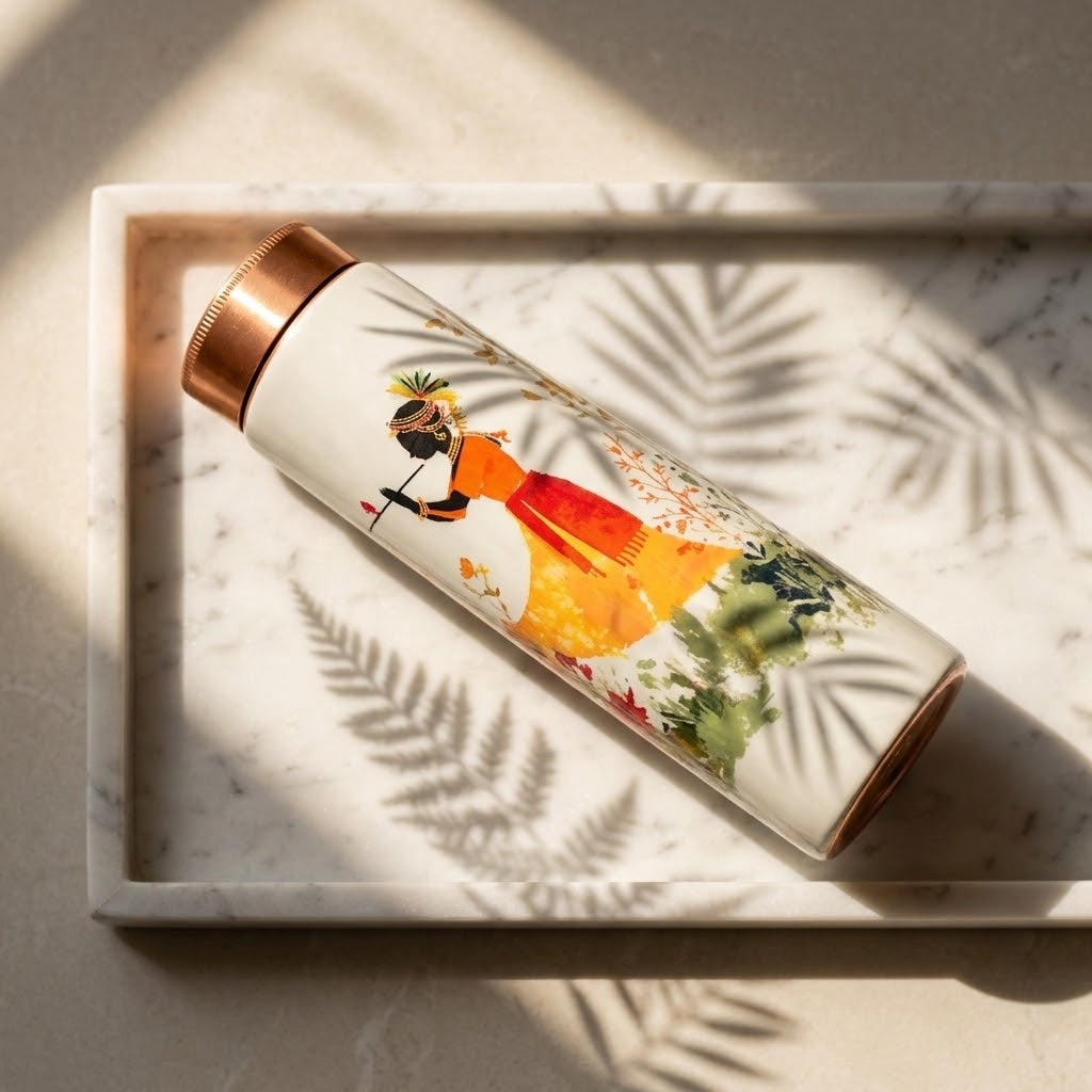 Sowpeace Divine Harmony Copper Bottle lying atop a marble tray