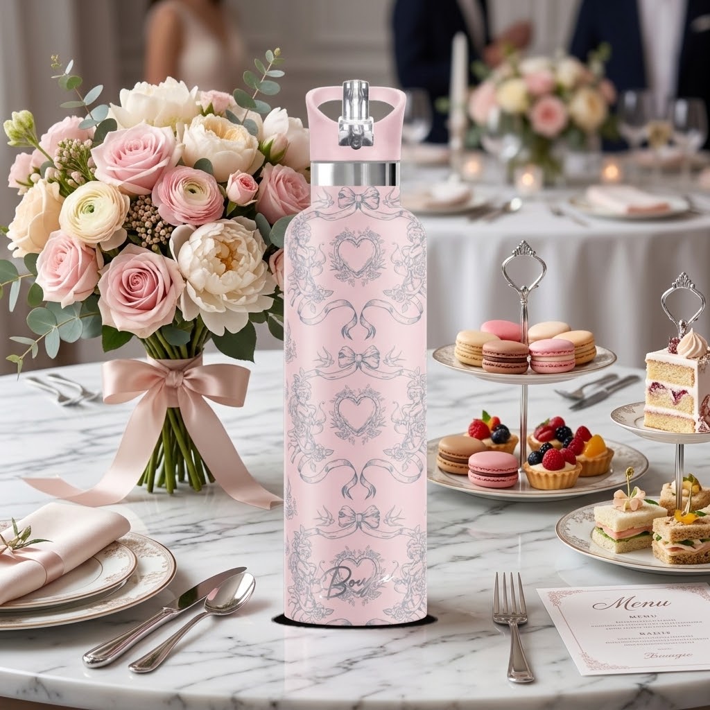 Rococo 25 oz Insulated Bottle | 5D Cherubs & Bows with finger foods at a wedding