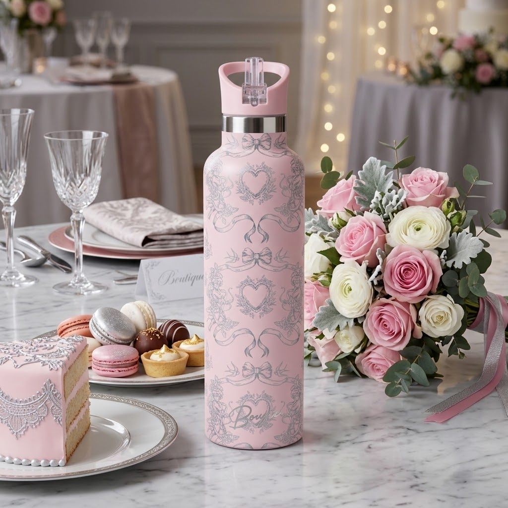 Rococo 25 oz Insulated Bottle | 5D Cherubs & Bows with a bouquet of flowers and pastries