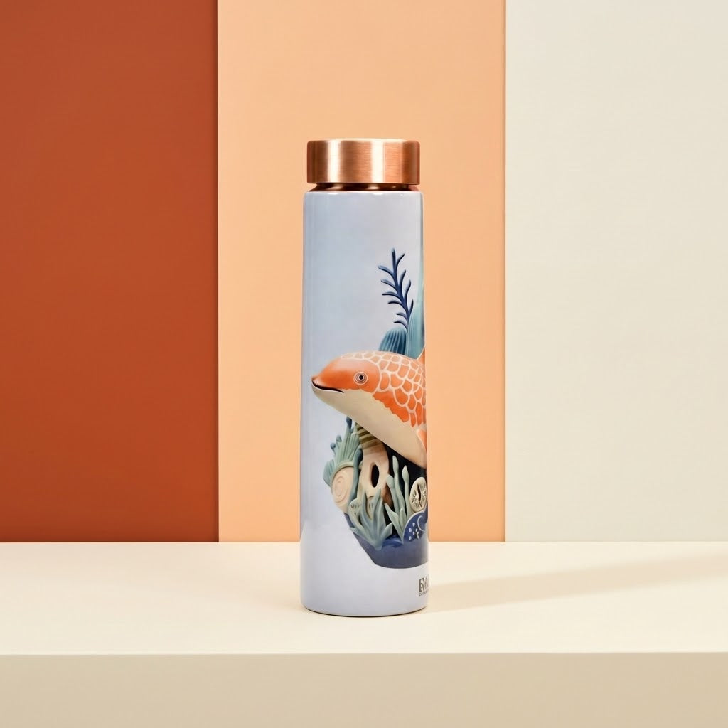 Sowpeace Aqua Mystique Copper Bottle on a peach, cream and burgundy studio background 