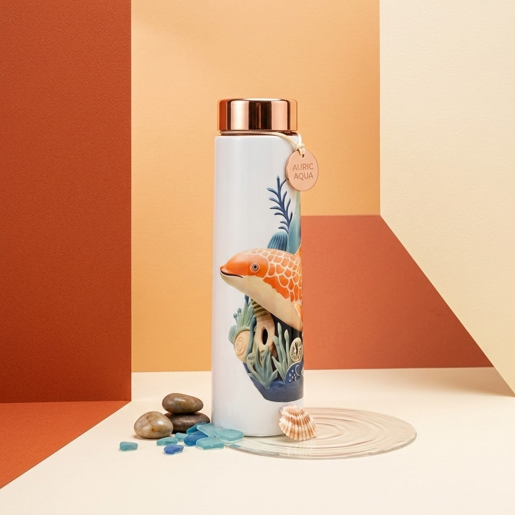 Sowpeace Aqua Mystique Copper Bottle on  a three color background with seashells