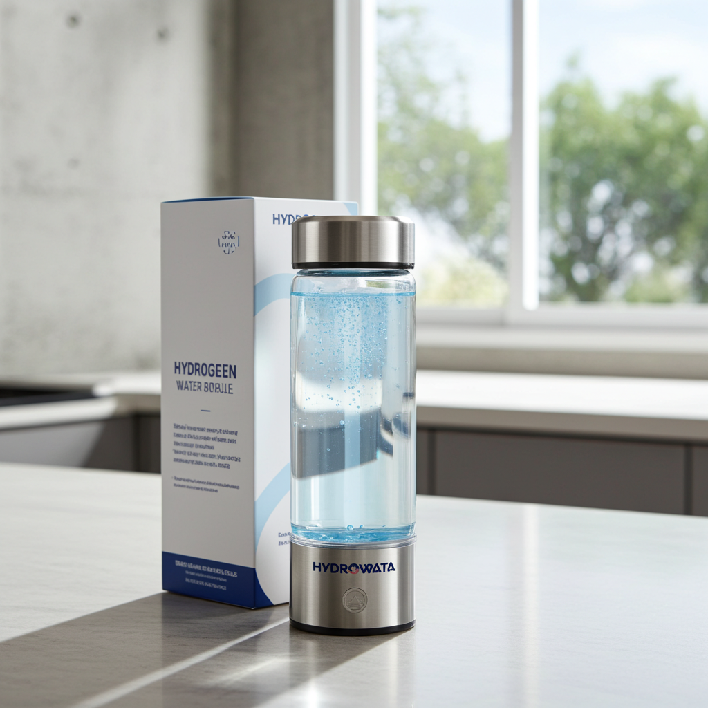 HydroWata™ Hydrogen Water Bottle in a kitchen with light shining through windows casting shadows