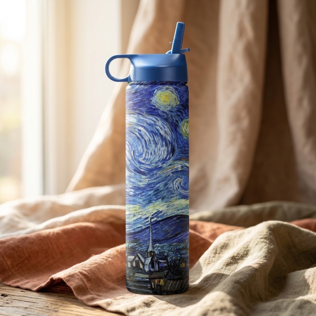 Vincent van Gogh "Starry Night" 24 oz Insulated Tumbler atop curtains