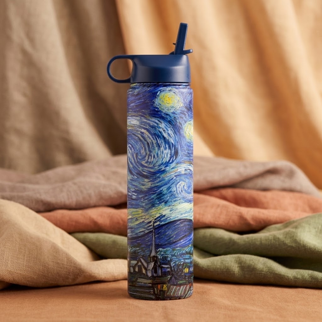 Vincent van Gogh "Starry Night" 24 oz Insulated Tumbler on a fabric backdrop