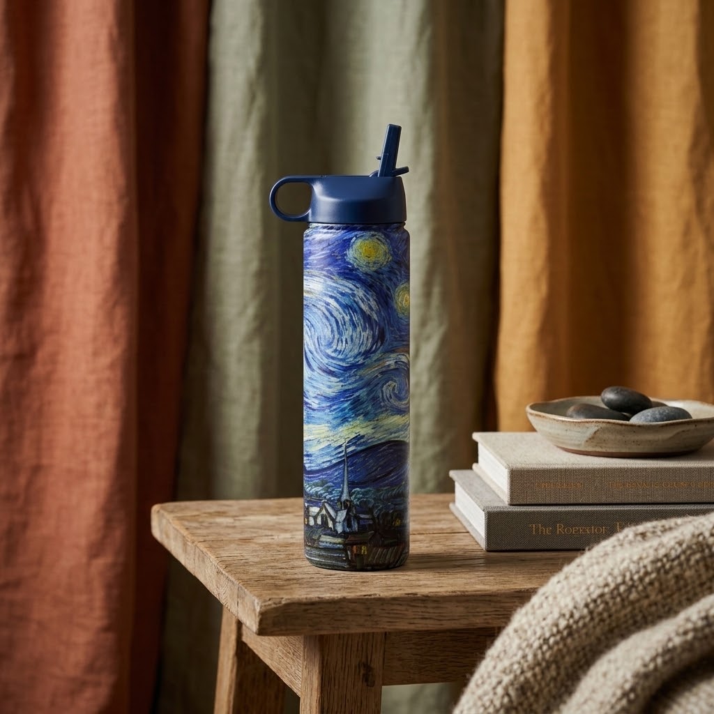 Vincent van Gogh "Starry Night" 24 oz Insulated Tumbler sitting on a table with books and curtains in the background