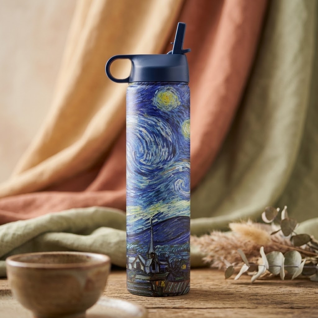 Vincent van Gogh "Starry Night" 24 oz Insulated Tumbler on a wooden table with curtains and a pestle 