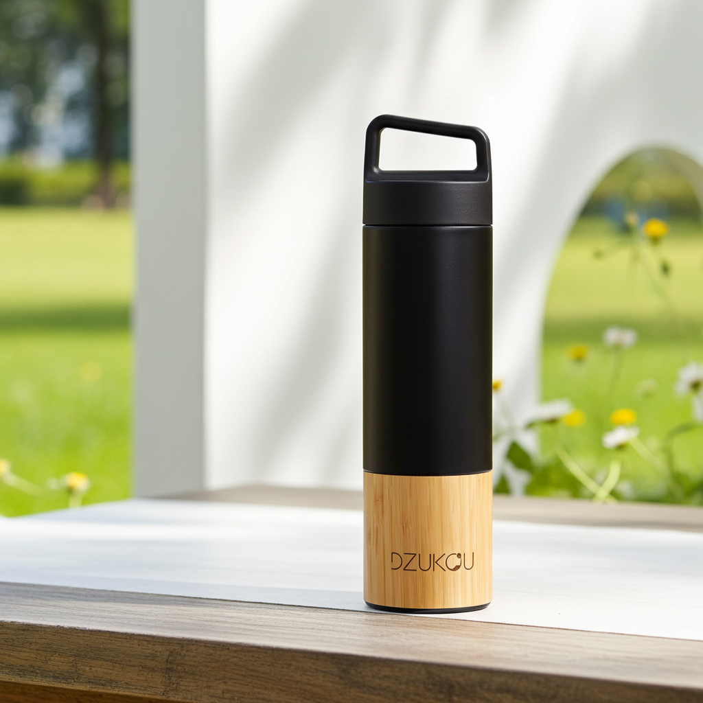Saint Elias - Bamboo and Stainless Steel Thermos Bottle in a backyard patio on a spring day