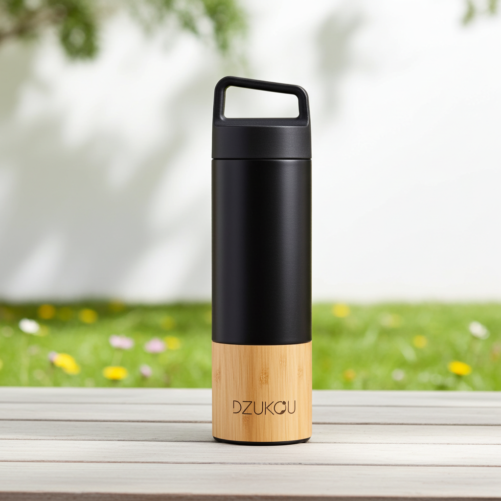 Saint Elias - Bamboo and Stainless Steel Thermos Bottle on a bench in a backyard garden