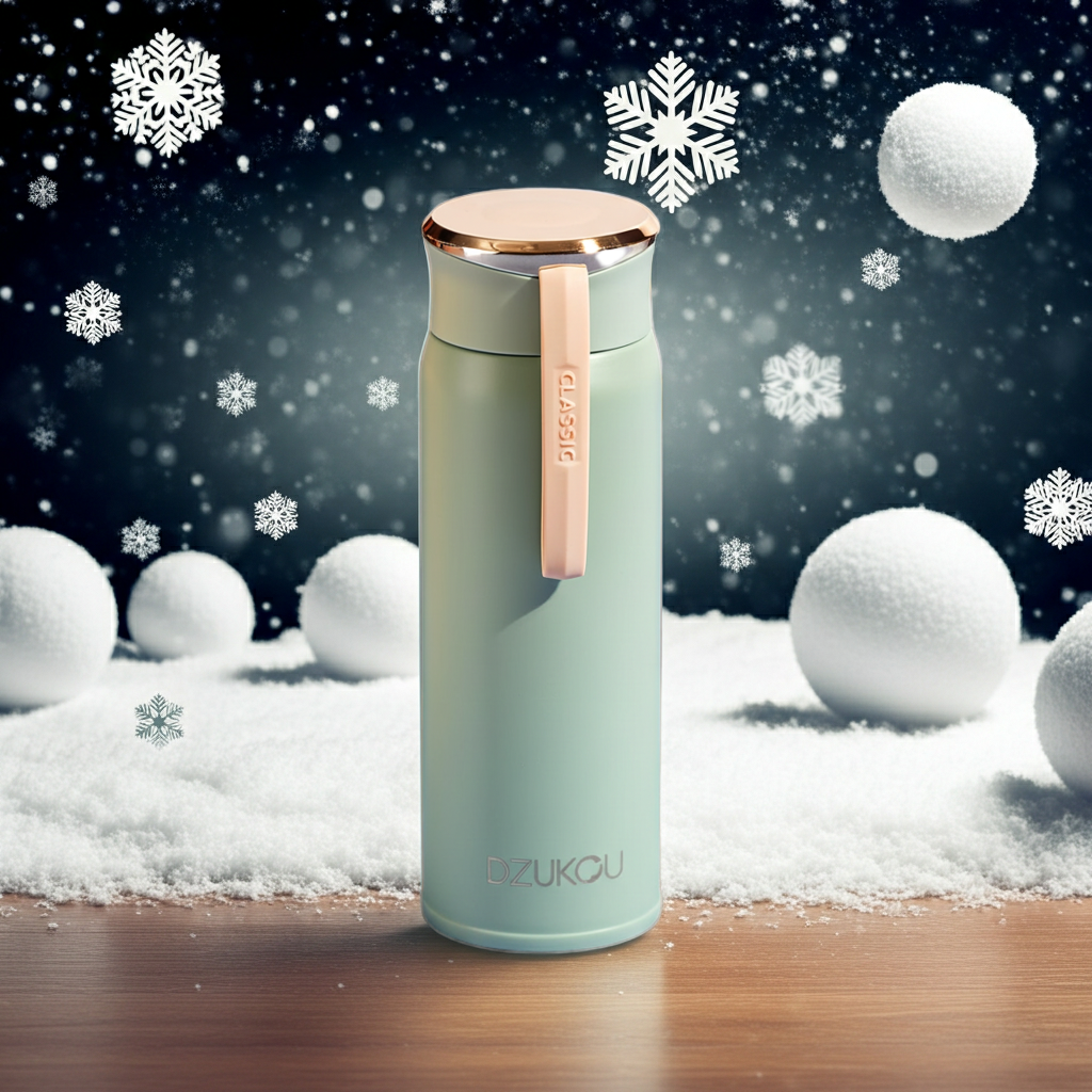 Nameri - Stainless Steel Thermos Flask 450 surrounded by snowballs with falling snowflakes