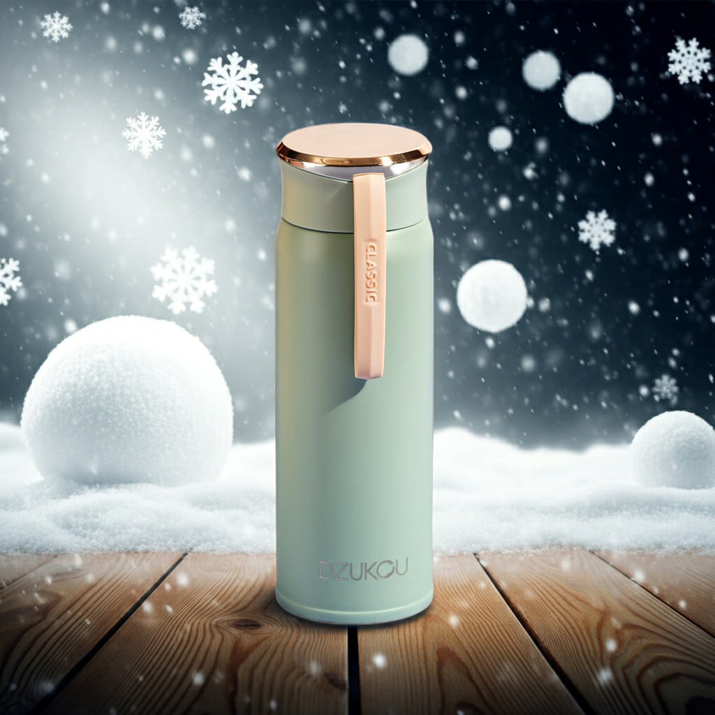 Nameri - Stainless Steel Thermos Flask 450 on a wooden surface at winter shrouded in snow
