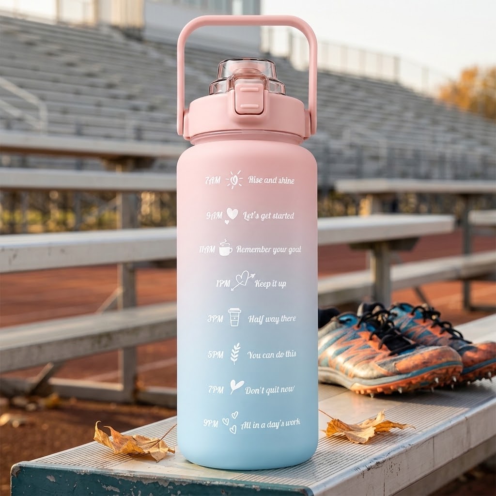 HydraTrack 68 oz Motivational Water Bottle on bleachers at a track