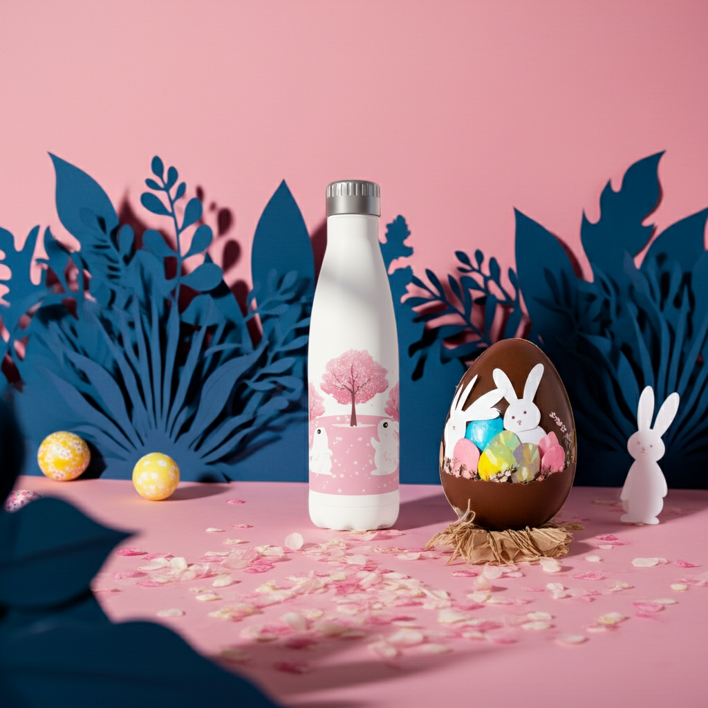 Insulated Stainless Steel Rabbit Design Water Bottle in an blue and pink display with Easter eggs and Easter bunny decor