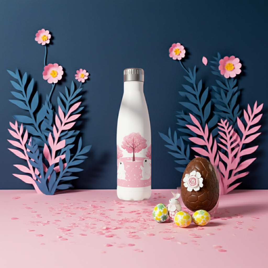 Insulated Stainless Steel Rabbit Design Water Bottle in a blue and pink Easter display