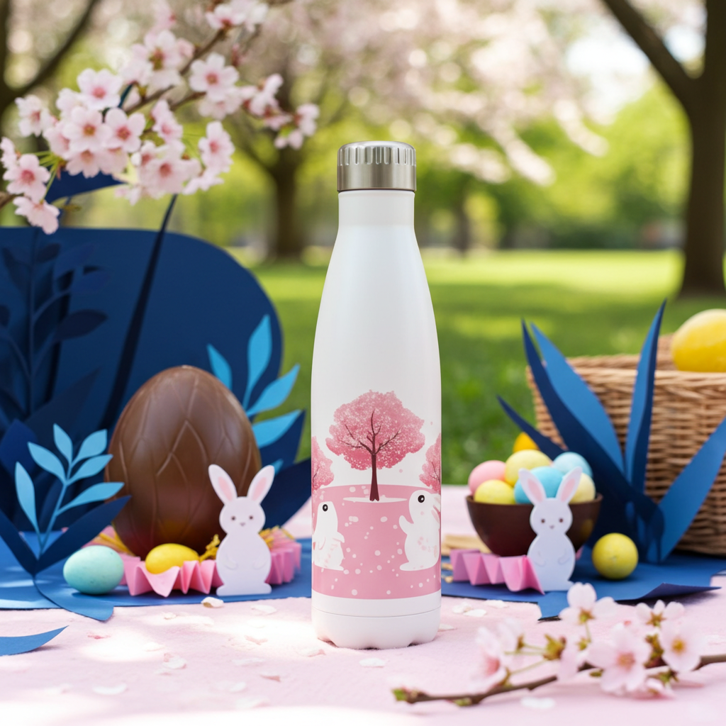 Insulated Stainless Steel Rabbit Design Water Bottle with an Easter basket, eggs and bunnies