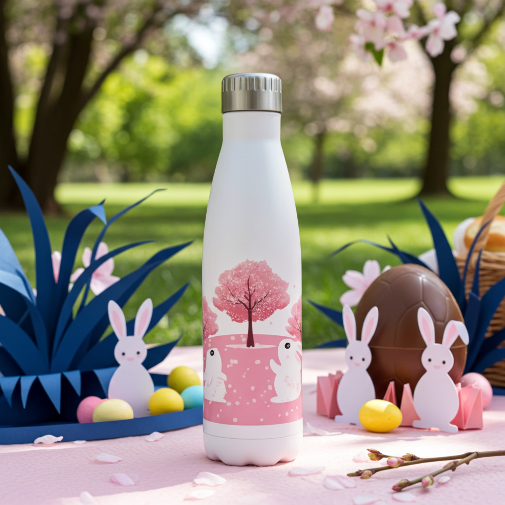 Insulated Stainless Steel Rabbit Design Water Bottle Aquatica with an Easter basket in an outdoor spring setting