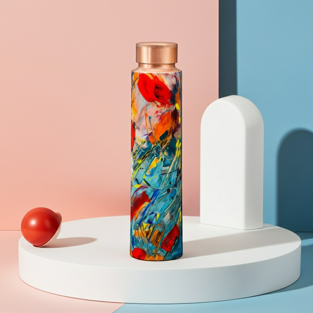 Abstract Art Copper Cap Bottle on a colorful pastel background