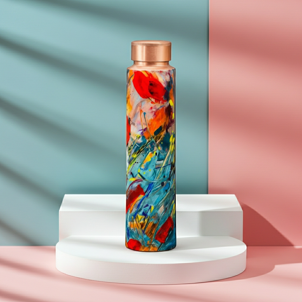 Abstract Art Copper Cap Bottle on a blue and pink pastel background