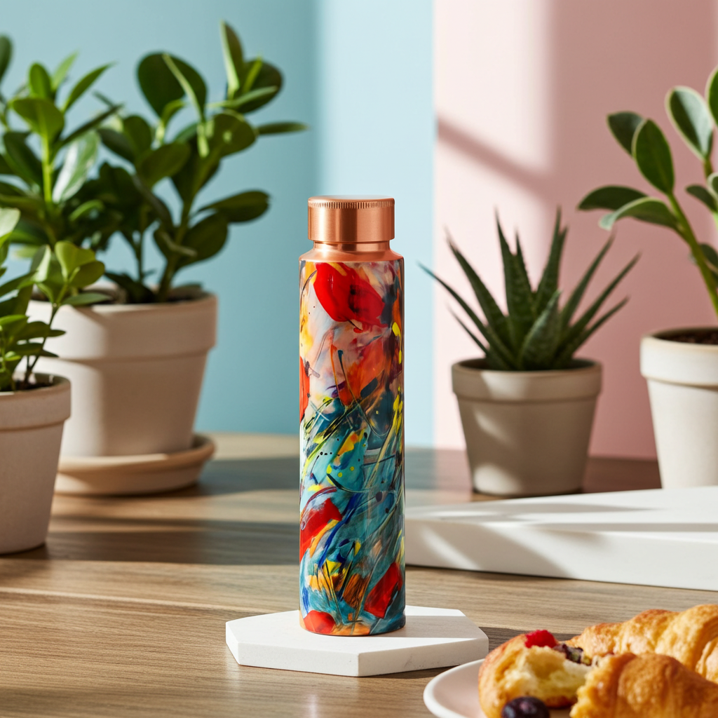 Abstract Art Copper Cap Bottle in a kitchen with croissants and houseplants 