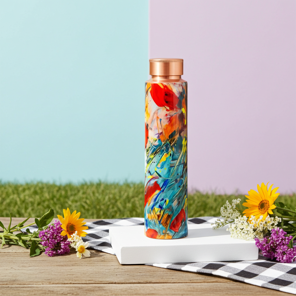 Abstract Art Copper Cap Bottle with flowers and a tablecloth on a blue and purple spring-like background