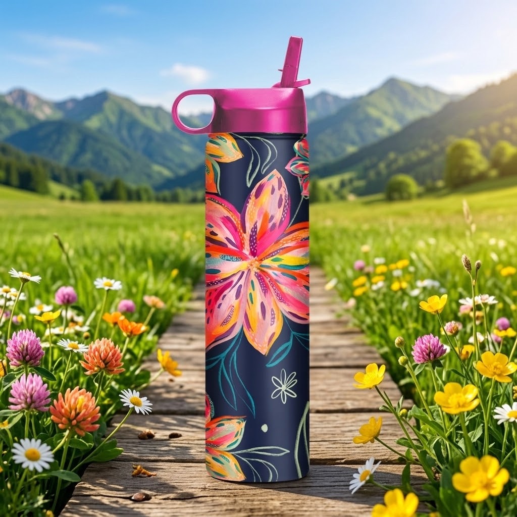 EttaVee "Bold Flowers" 24 oz Insulated Tumbler on a wooden path in a meadow