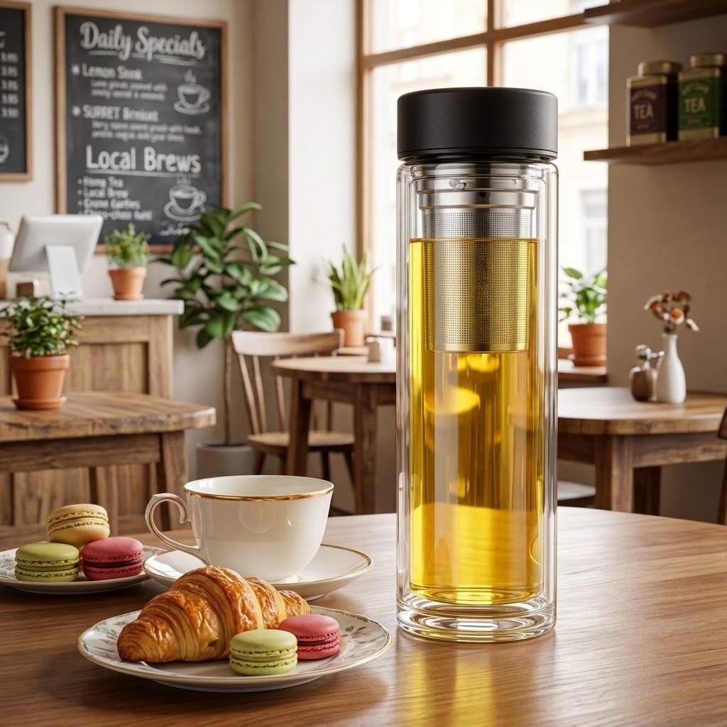 ClearSteep Double-Wall Glass Infuser Bottle on a cafe with a teacup and pastries