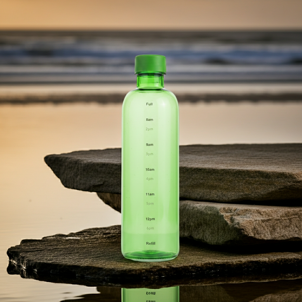 500ml Glass Water Bottle with Time Marker on rocks along a beach at twilight