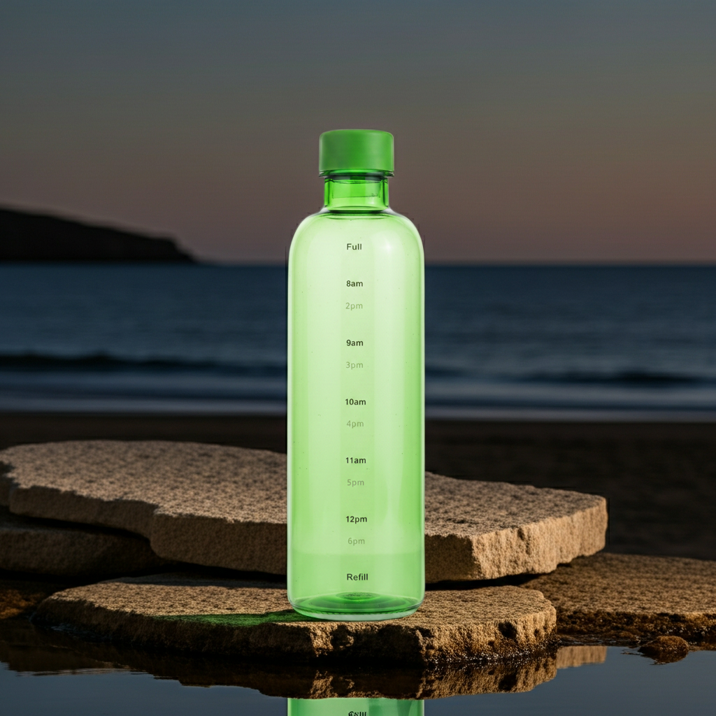 500ml Glass Water Bottle with Time Marker on a beach at dusk