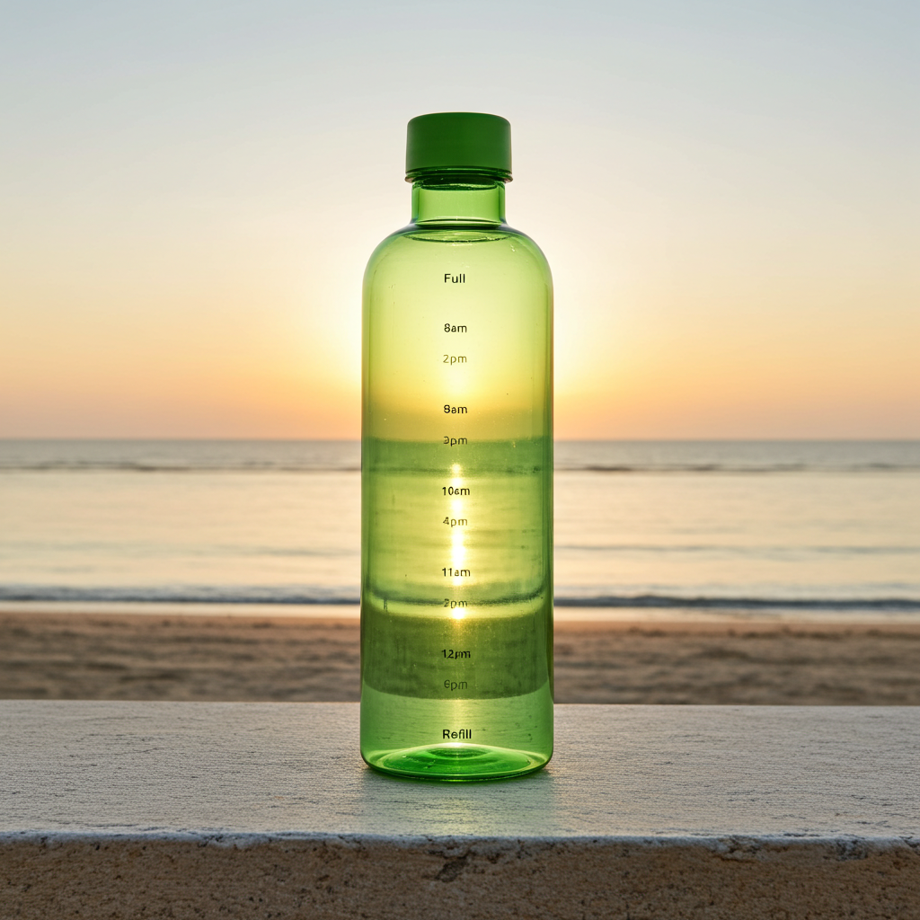 500ml Glass Water Bottle with Time Marker on a beach at sunset