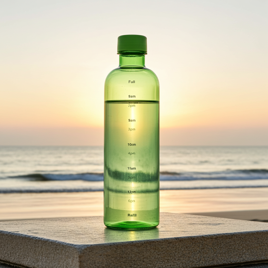 500ml Glass Water Bottle with Time Marker atop a stone surface on a beach
