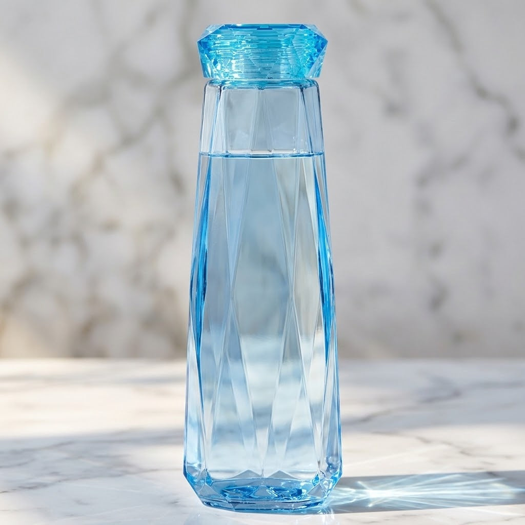 Colorful Glass Water Bottle with Lid on a marble studio background