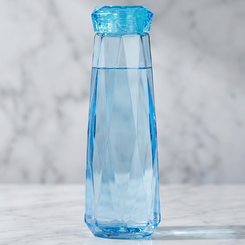 Colorful Glass Water Bottle with Lid in a marble studio scene