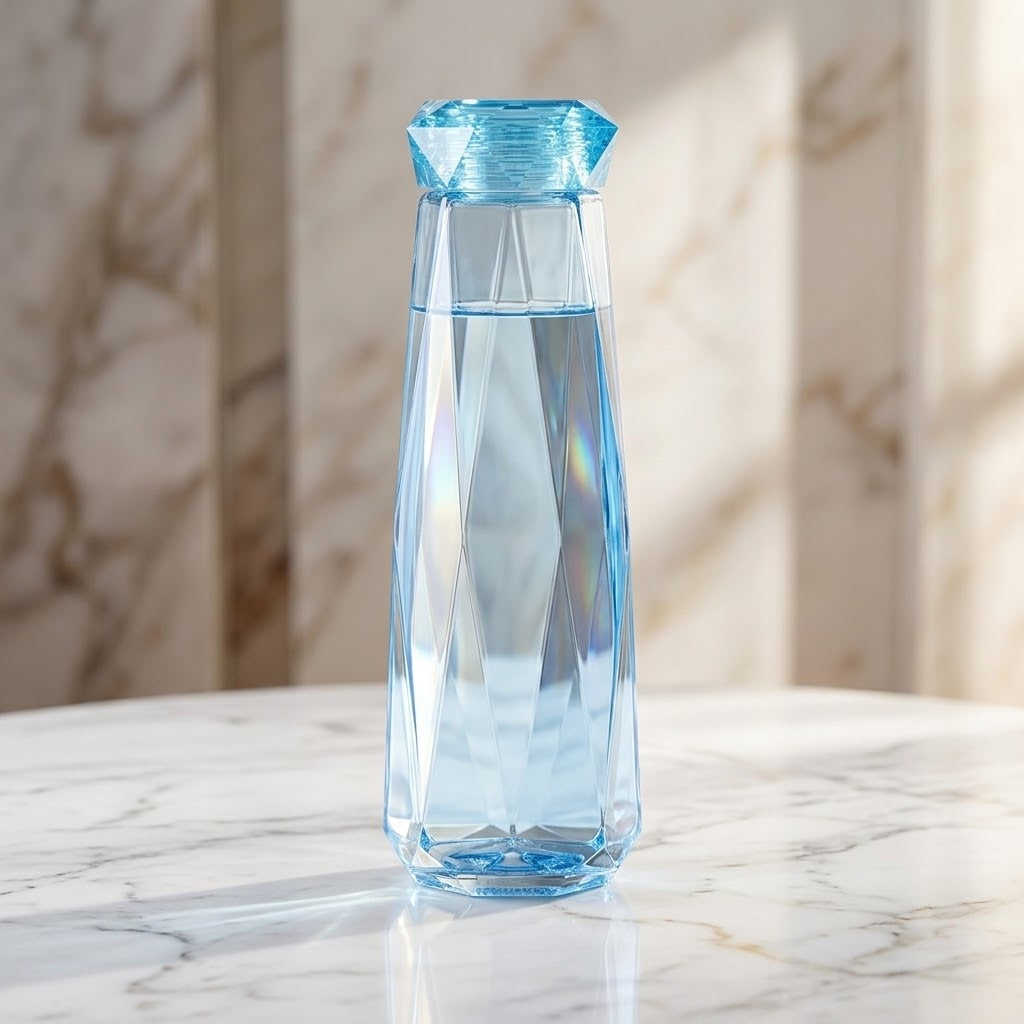 Colorful Glass Water Bottle with Lid on a round marble table